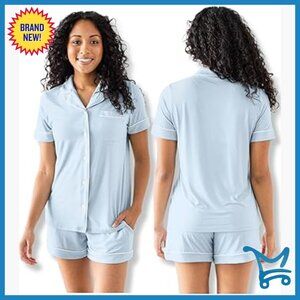 Large Maternity Nursing Pajama Set, Short Sleeve Button Down Top with Pockets
